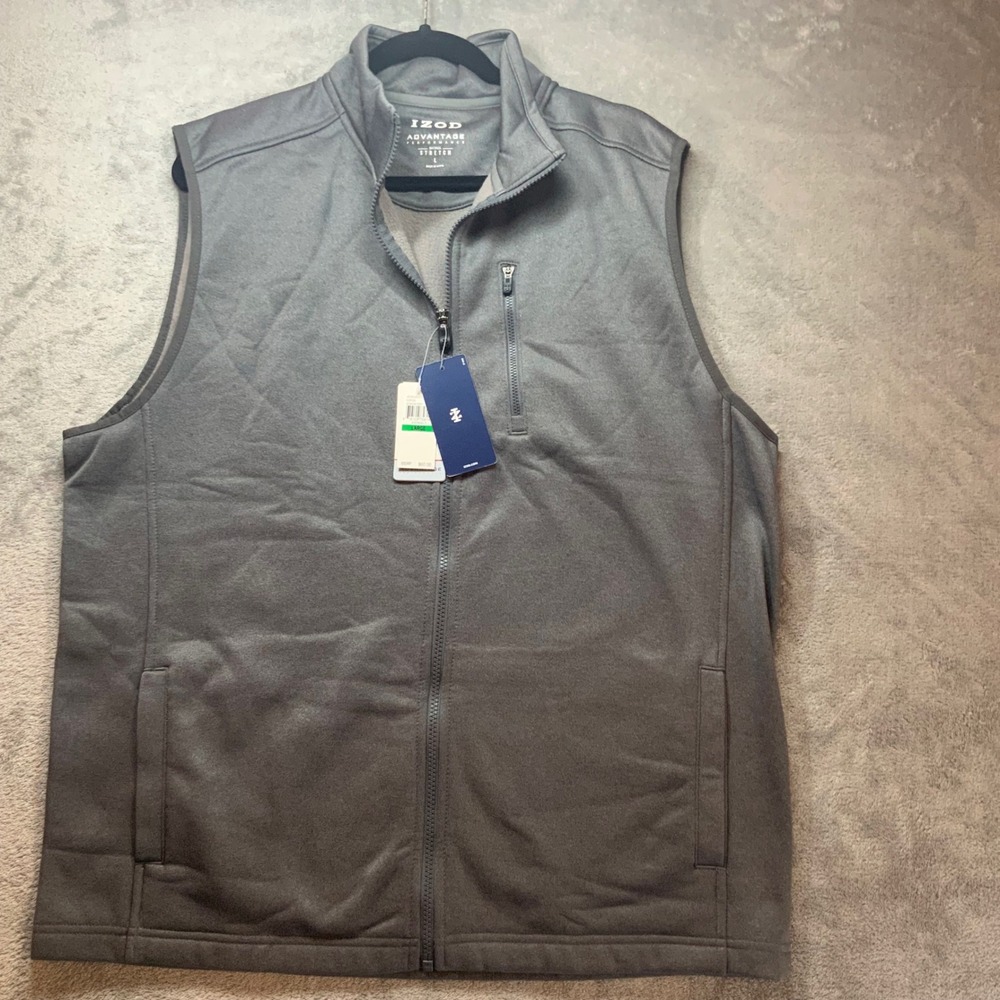 IZOD Advantage Performance Natural Stretch Vest Mens Large Gray Full Zip Fleece